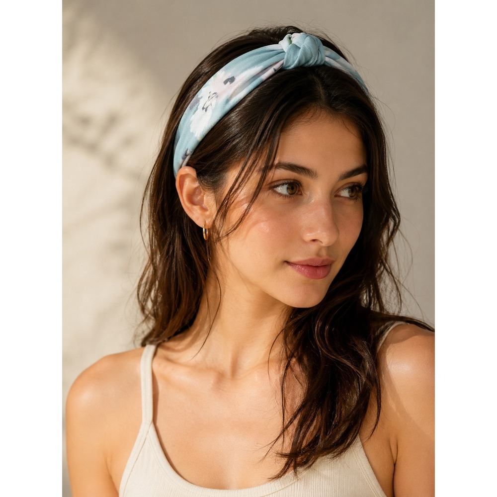 Floral Top Knot Headband Blue Pink White Fabric Hair Accessory Cottagecore Boho